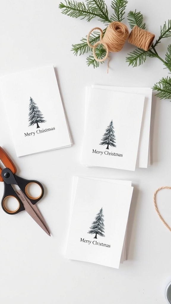 Minimalist Christmas cards with simple designs on a white background, featuring pine trees and elegant text.